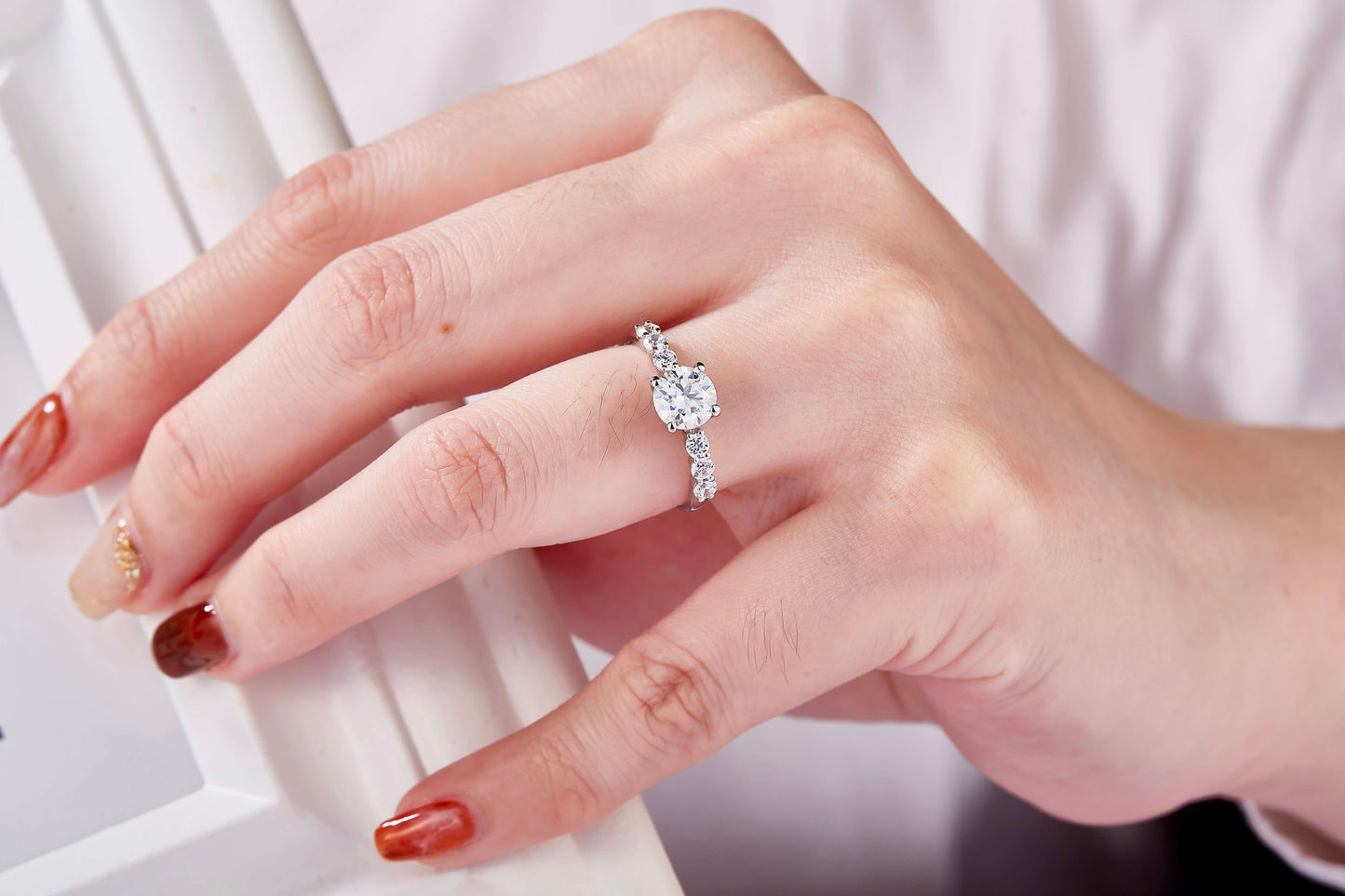 1 CT. round Moissanite Ring on hand Real shot IMG 1