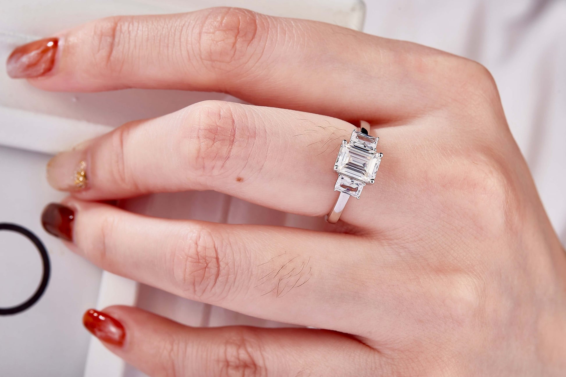 2 CT. Three-Stone Moissanite Ring on hand real shot IMG 2